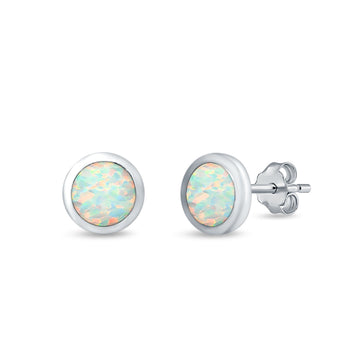 Round Half Ball Stud Earrings Lab Created White Opal 925 Sterling Silver (6mm)
